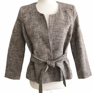 NWT New York & Co Brown Linen Blend Tweed Blazer Round Collar V-Neck Tie Waist S